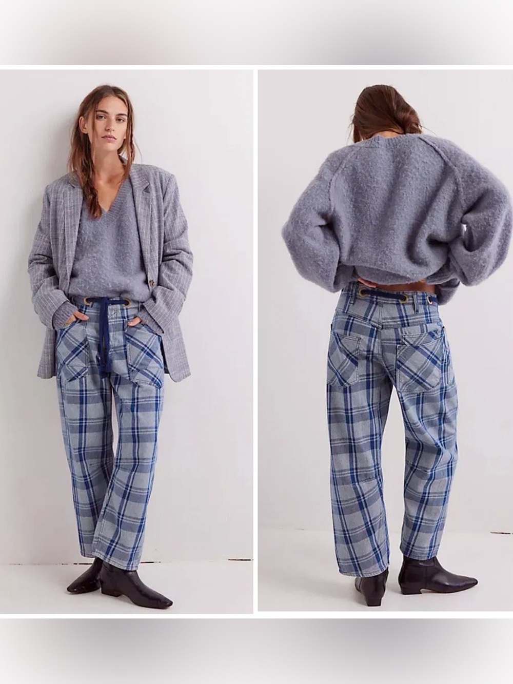 NWOT Free People We the Free Moxie Barrel Jeans Blue Plaid LTD ED Style SZ 28
